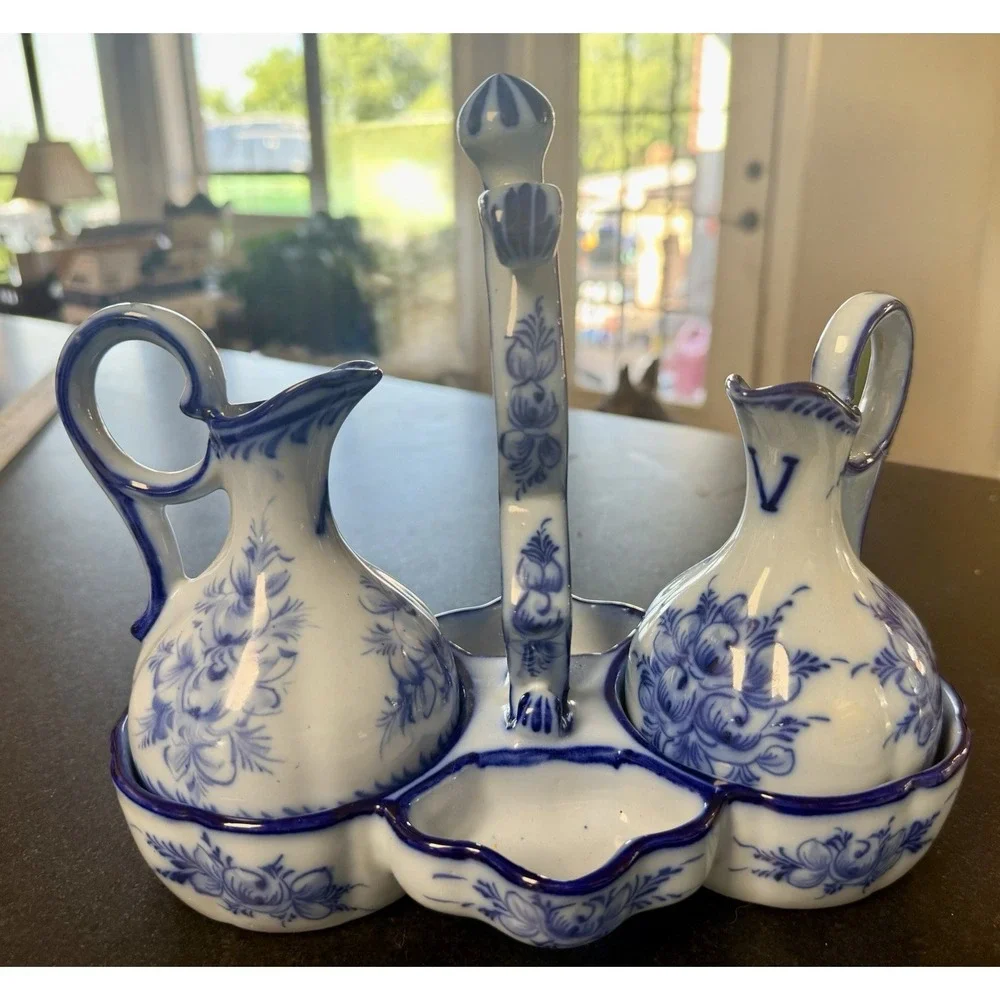 Vintage Pedros Alcobaça Portugal Blue White Cruet Set Oil Vinegar Caddy